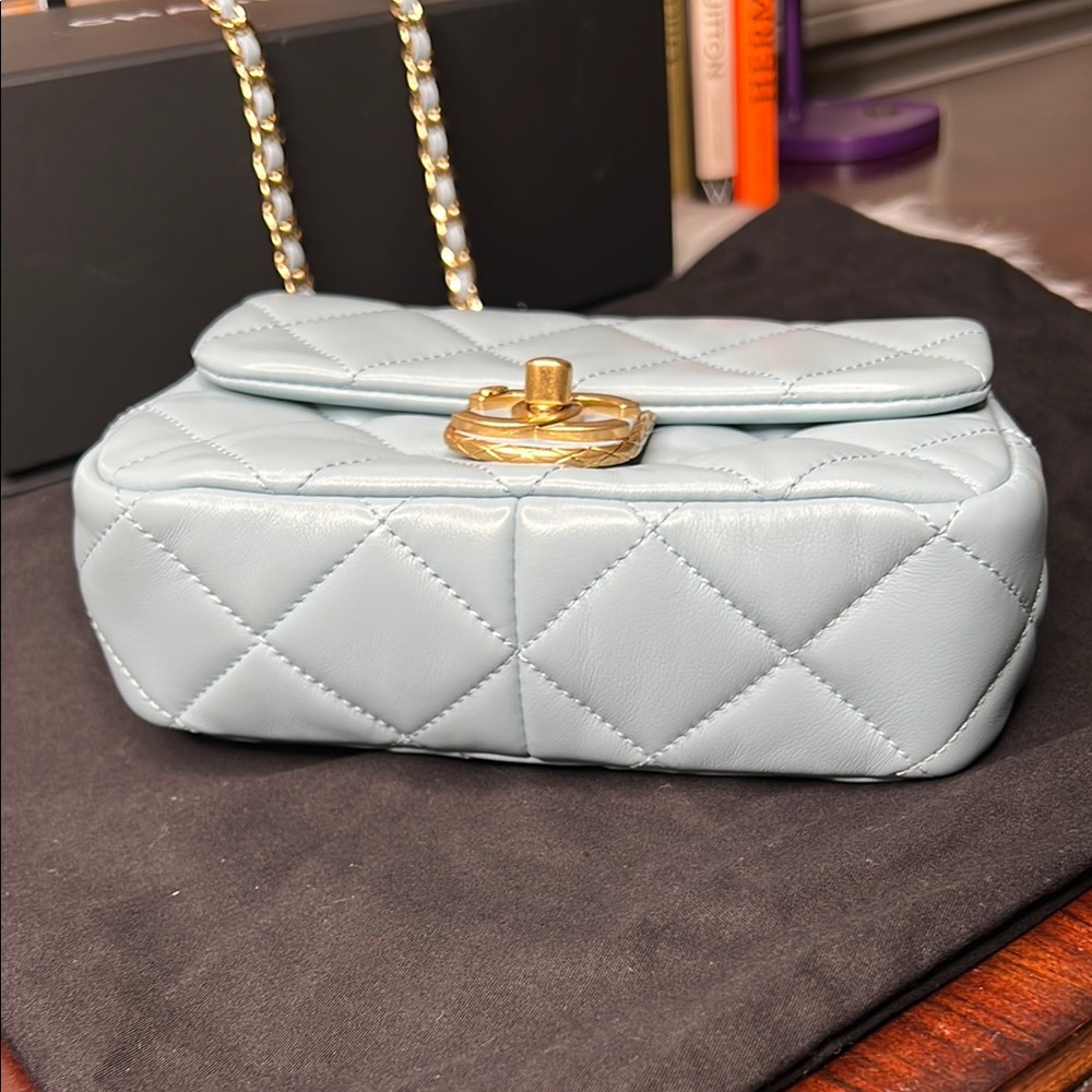 Chanel Blue Quilted Mini Flap Leather Bag Gold Box, Dust Bag NWT - Picture 8 of 17